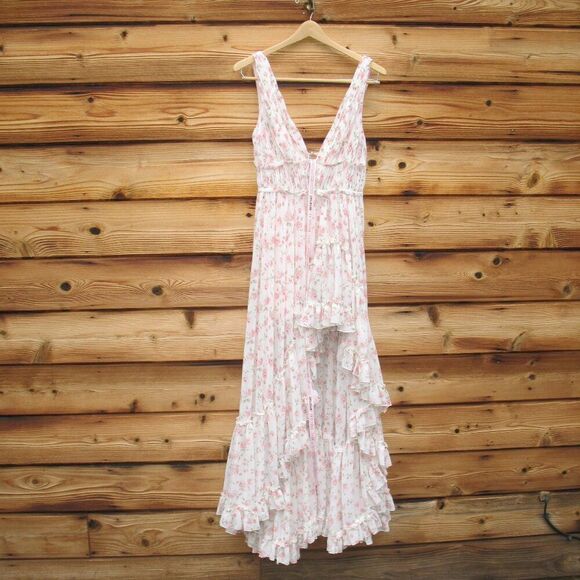 MAC DUGGAL  White Multicolor Floral Print Sleeveless Ruffled High-Low Gown - Picture 5 of 13